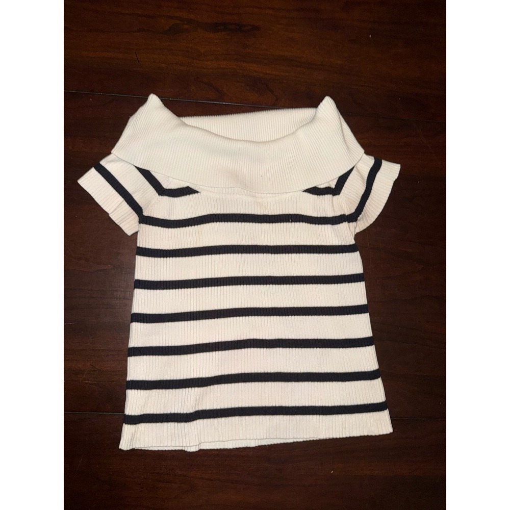 Olive + Oak Womens Cream Navy Blue Striped Off Shoulder Ribbed Knit Top Large